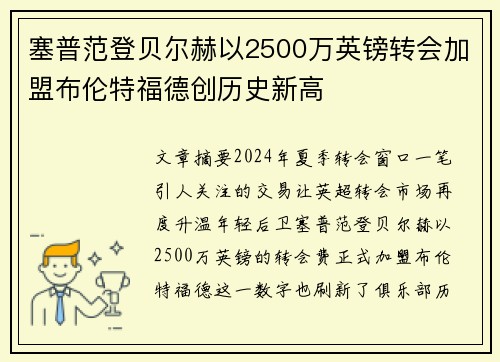 塞普范登贝尔赫以2500万英镑转会加盟布伦特福德创历史新高